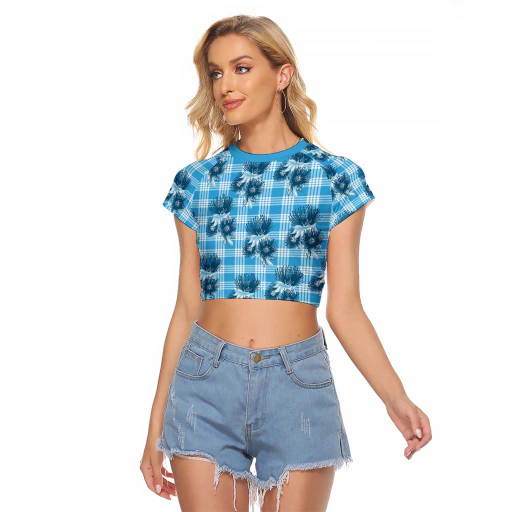Blue Palaka Hawaii Raglan Cropped T Shirt Hawaiian Lehua Blossoms