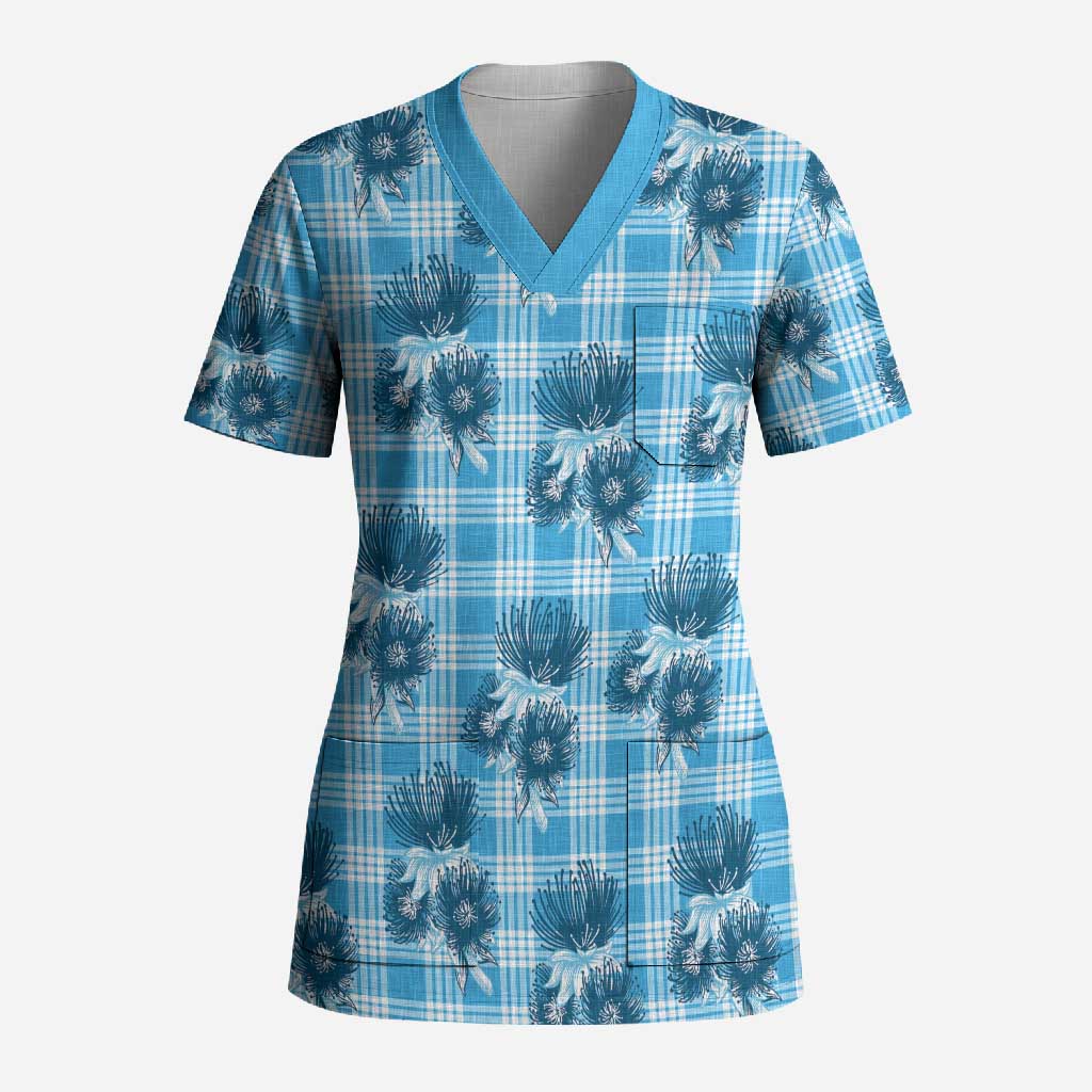 Blue Palaka Hawaii Scrub Top Hawaiian Lehua Blossoms