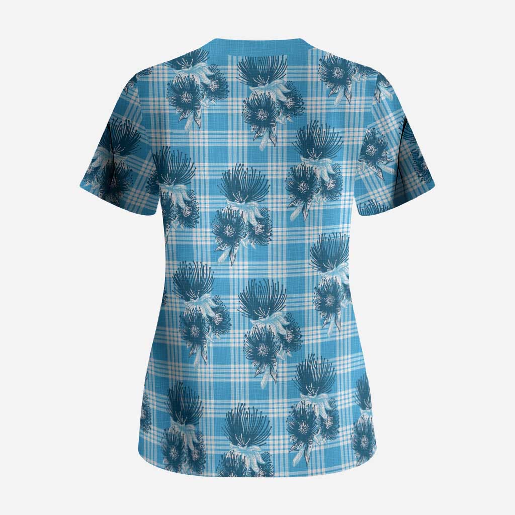 Blue Palaka Hawaii Scrub Top Hawaiian Lehua Blossoms