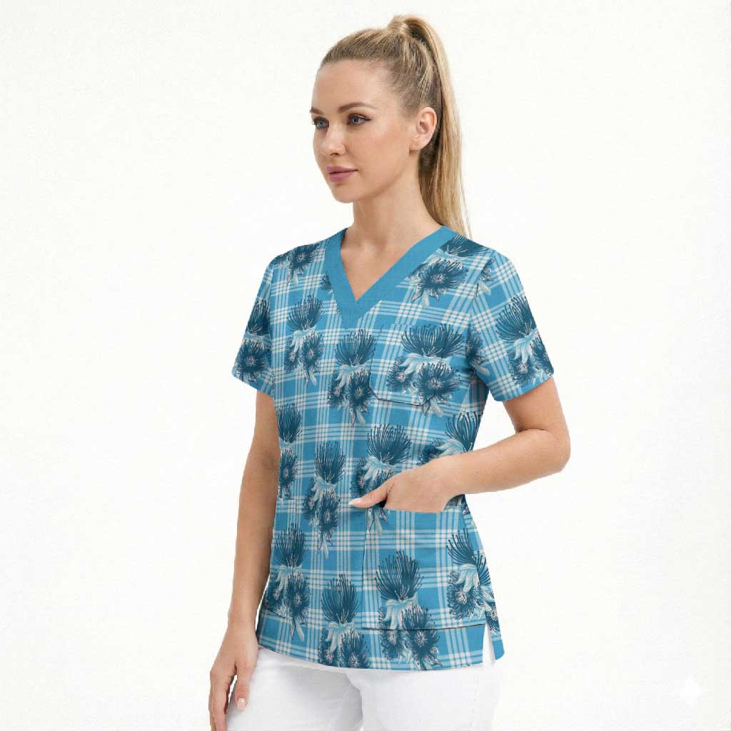Blue Palaka Hawaii Scrub Top Hawaiian Lehua Blossoms