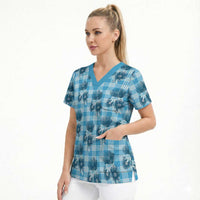 Blue Palaka Hawaii Scrub Top Hawaiian Lehua Blossoms