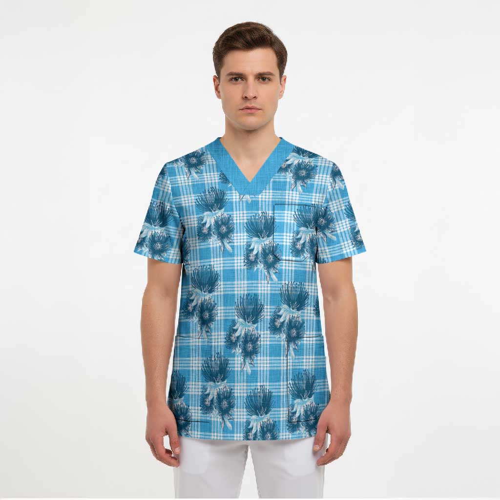 Blue Palaka Hawaii Scrub Top Hawaiian Lehua Blossoms