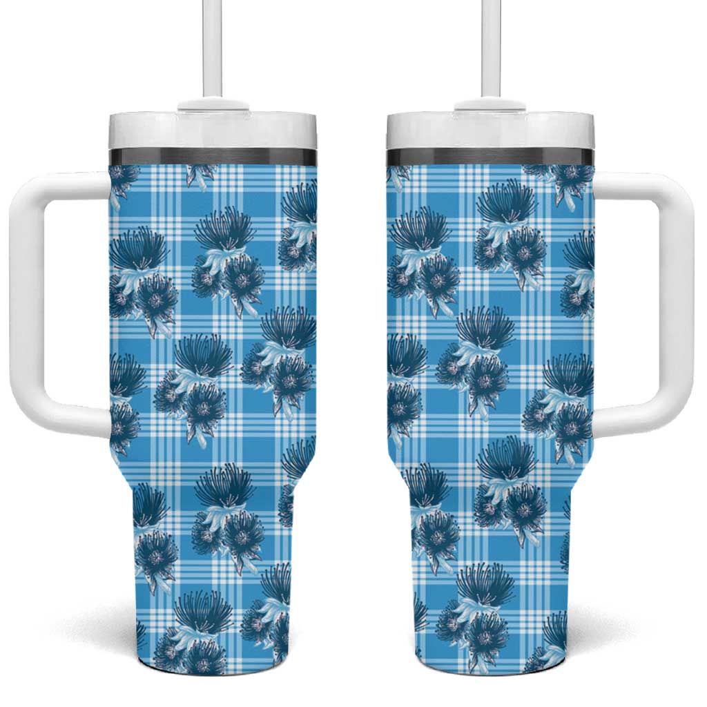 Blue Palaka Hawaii Tumbler With Handle Hawaiian Lehua Blossoms