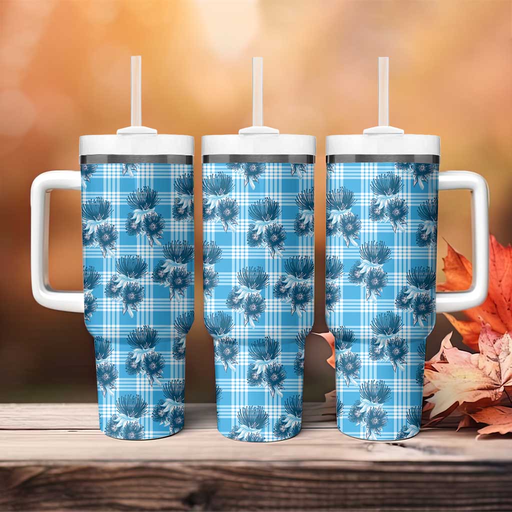 Blue Palaka Hawaii Tumbler With Handle Hawaiian Lehua Blossoms