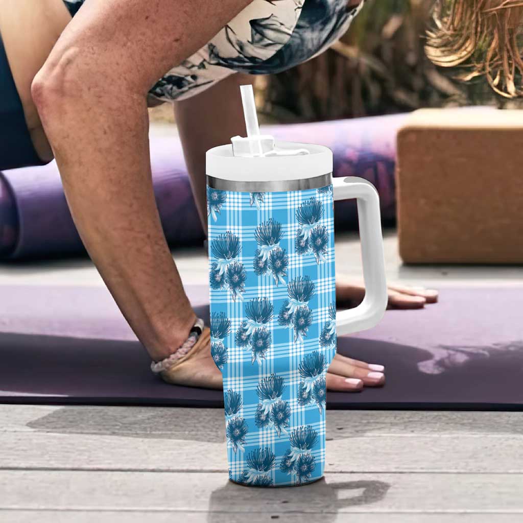 Blue Palaka Hawaii Tumbler With Handle Hawaiian Lehua Blossoms
