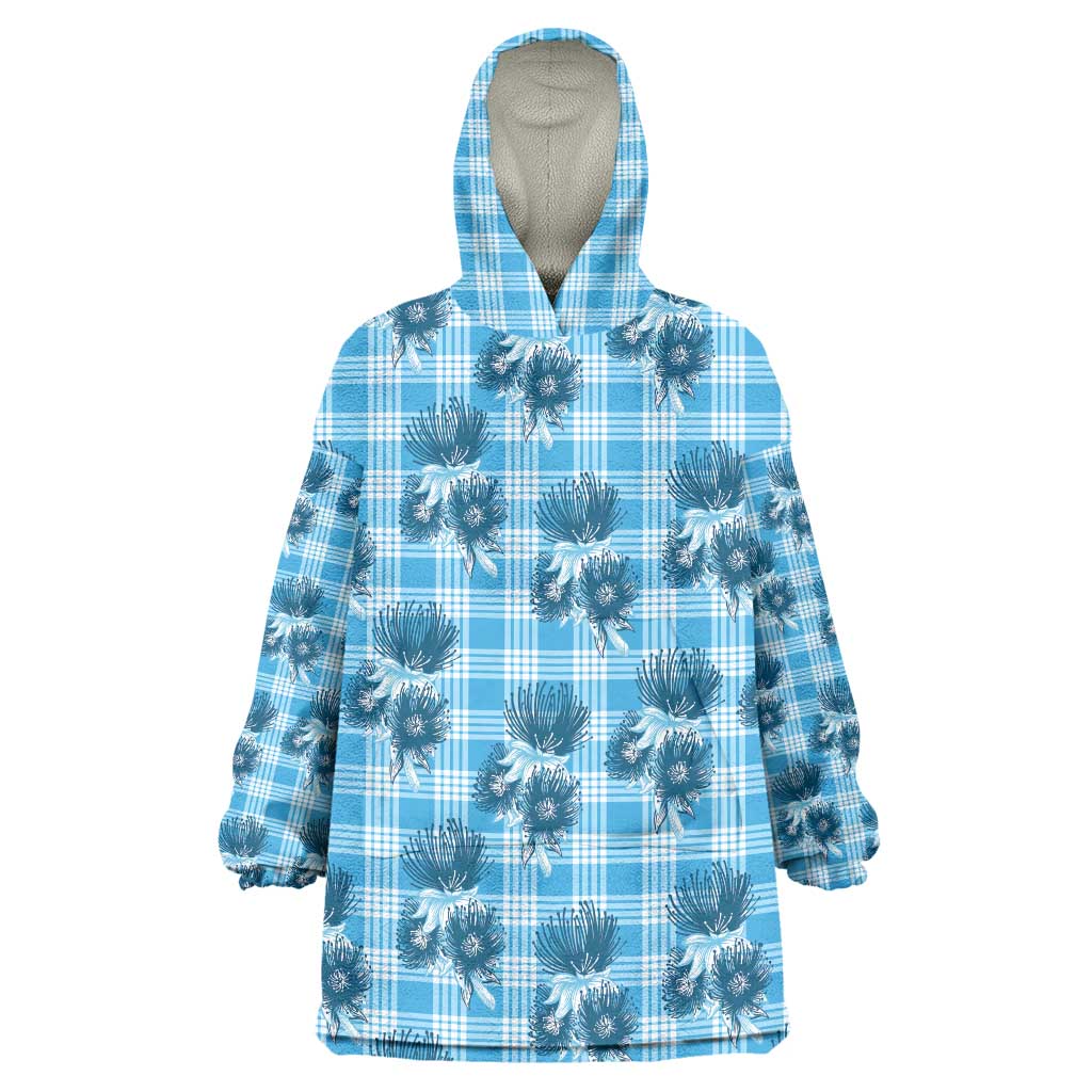 Blue Palaka Hawaii Wearable Blanket Hoodie Hawaiian Lehua Blossoms LT05 One Size Blue - Polynesian Pride