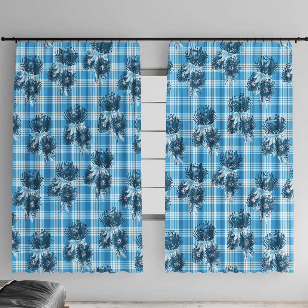 Blue Palaka Hawaii Window Curtain Hawaiian Lehua Blossoms