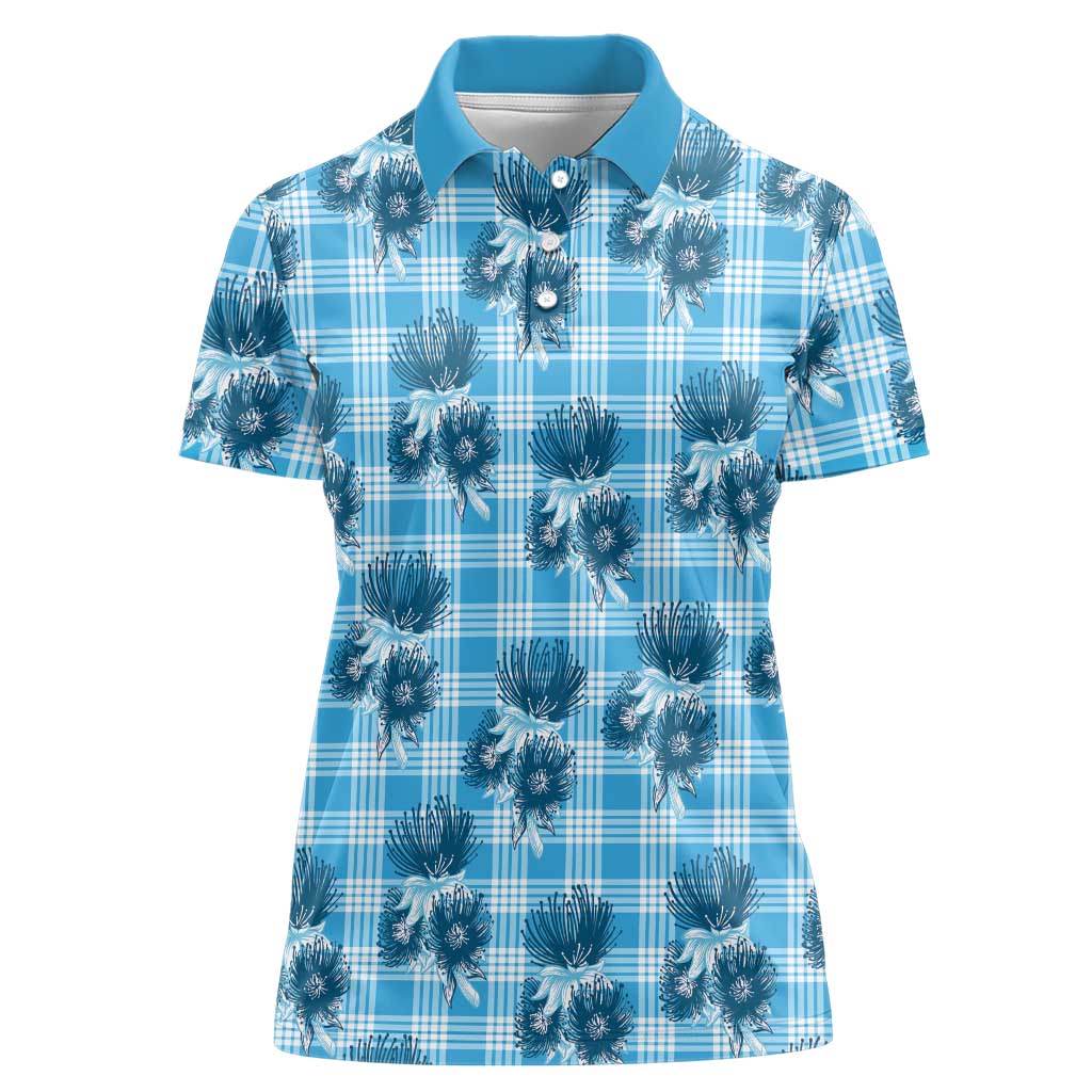 Blue Palaka Hawaii Women Polo Shirt Hawaiian Lehua Blossoms LT05 Female Blue - Polynesian Pride