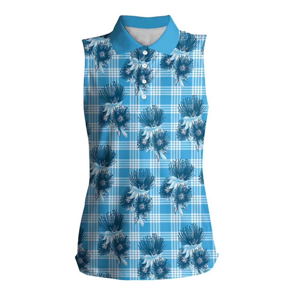 Blue Palaka Hawaii Women Sleeveless Polo Shirt Hawaiian Lehua Blossoms
