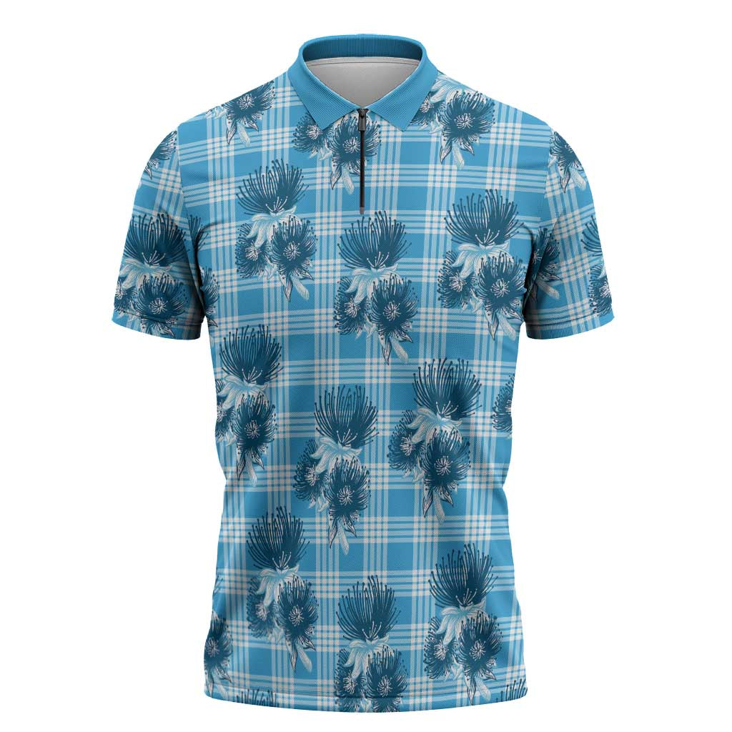Blue Palaka Hawaii Zipper Polo Shirt Hawaiian Lehua Blossoms