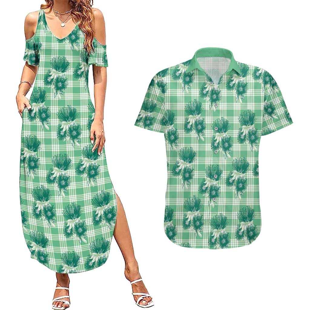 Green Palaka Hawaii Couples Matching Summer Maxi Dress and Hawaiian Shirt Hawaiian Lehua Blossoms