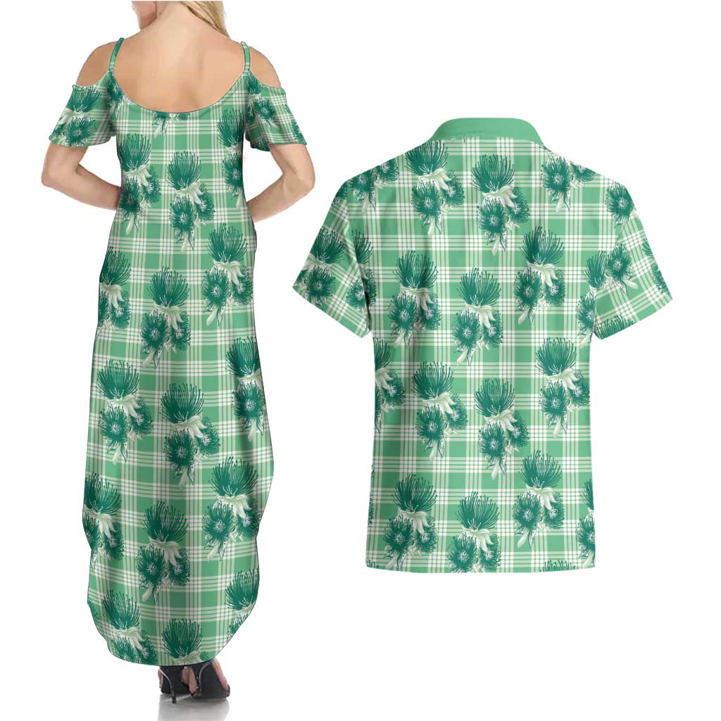 Green Palaka Hawaii Couples Matching Summer Maxi Dress and Hawaiian Shirt Hawaiian Lehua Blossoms