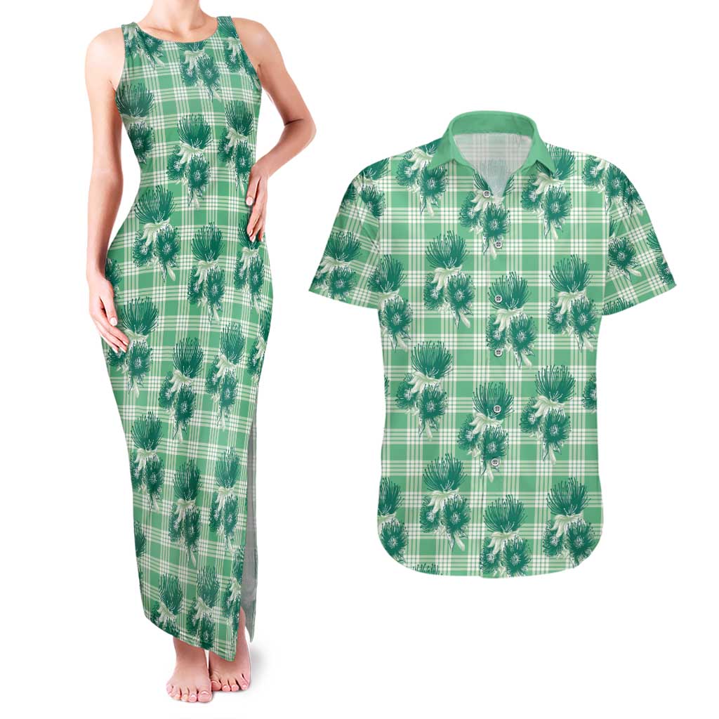 Green Palaka Hawaii Couples Matching Tank Maxi Dress and Hawaiian Shirt Hawaiian Lehua Blossoms