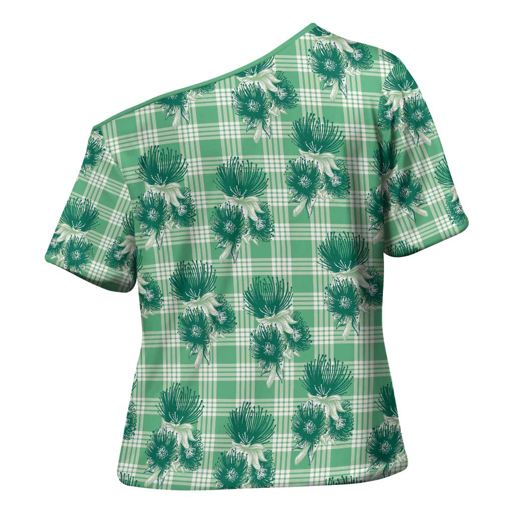 Green Palaka Hawaii Cross Shoulder Shirt Hawaiian Lehua Blossoms LT05 - Polynesian Pride