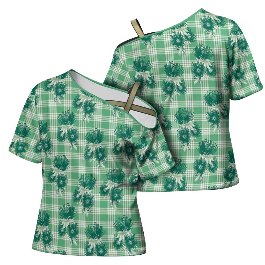 Green Palaka Hawaii Cross Shoulder Shirt Hawaiian Lehua Blossoms LT05 - Polynesian Pride