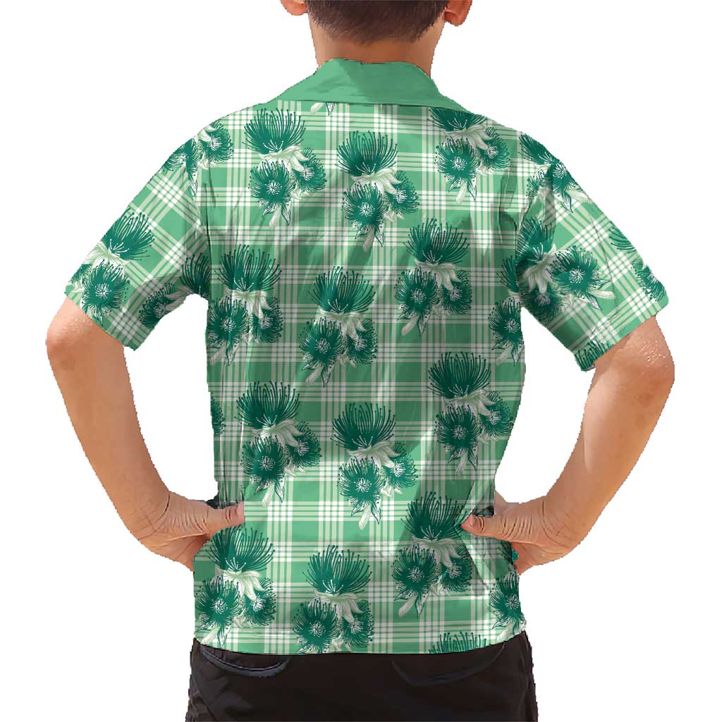 Green Palaka Hawaii Family Matching Puletasi and Hawaiian Shirt Hawaiian Lehua Blossoms