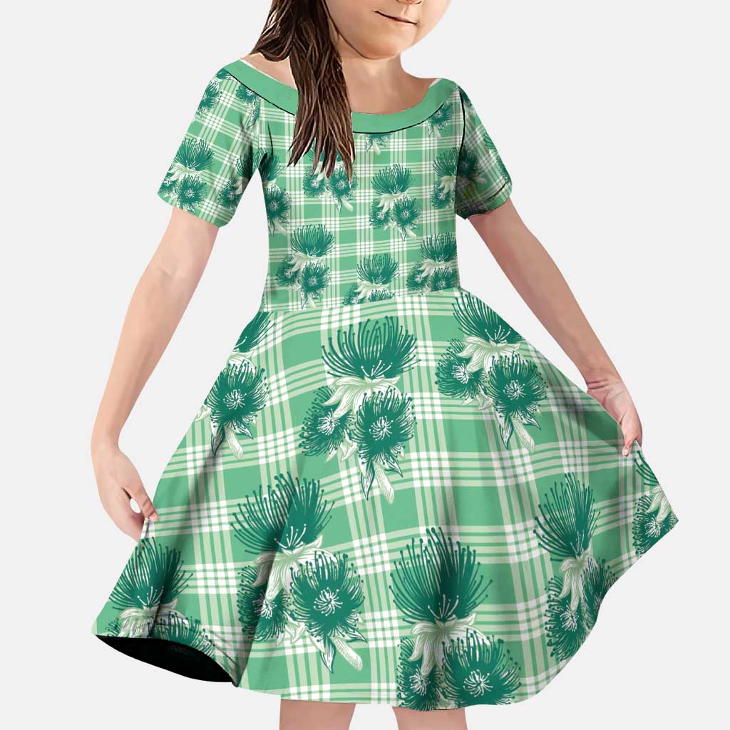 Green Palaka Hawaii Family Matching Puletasi and Hawaiian Shirt Hawaiian Lehua Blossoms