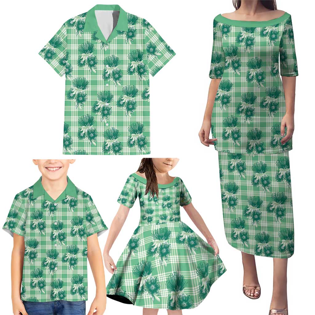 Green Palaka Hawaii Family Matching Puletasi and Hawaiian Shirt Hawaiian Lehua Blossoms