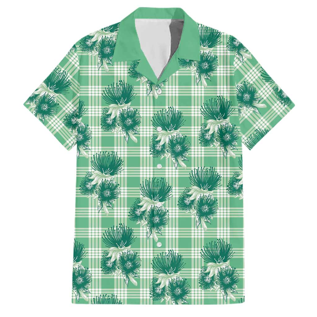 Green Palaka Hawaii Family Matching Puletasi and Hawaiian Shirt Hawaiian Lehua Blossoms