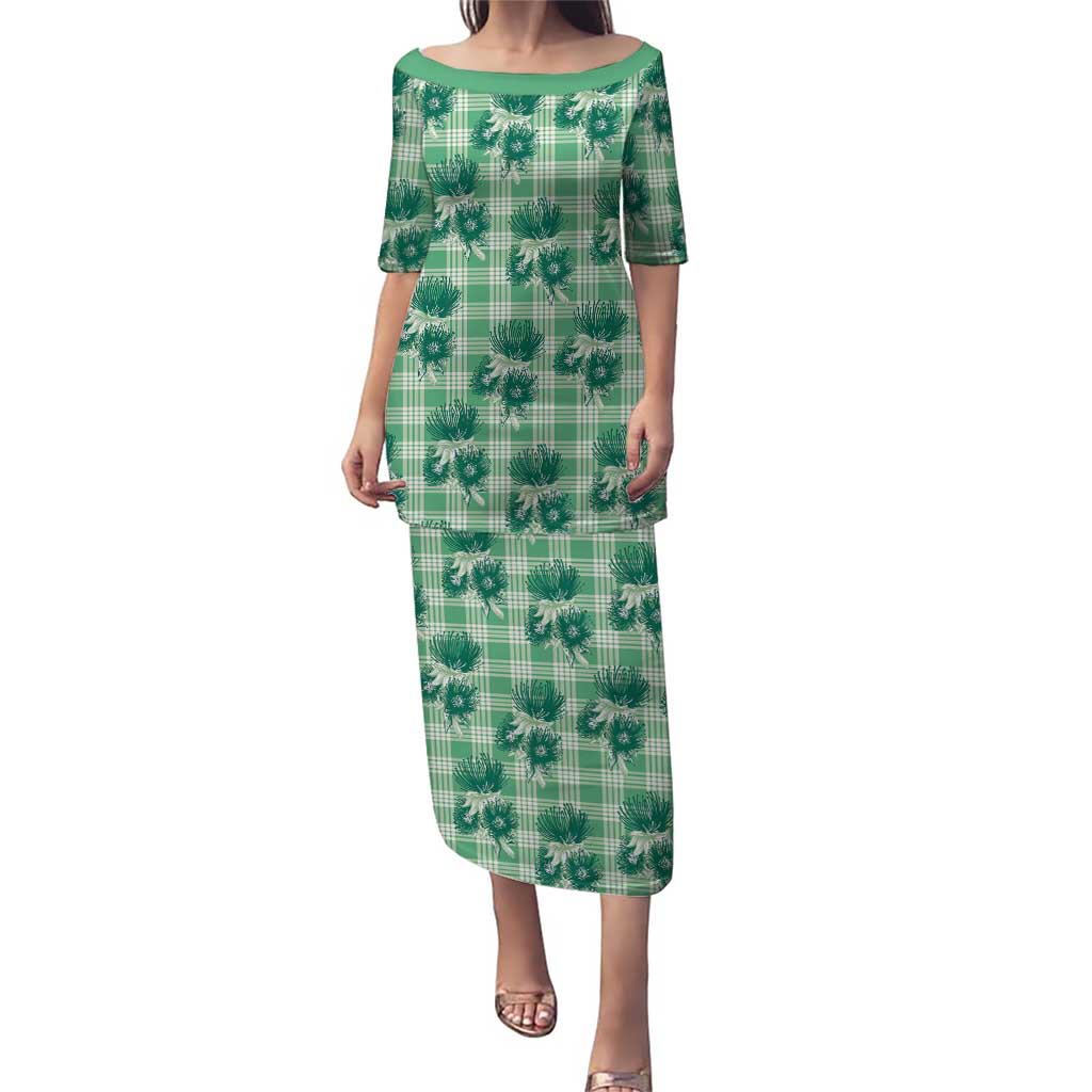 Green Palaka Hawaii Family Matching Puletasi and Hawaiian Shirt Hawaiian Lehua Blossoms