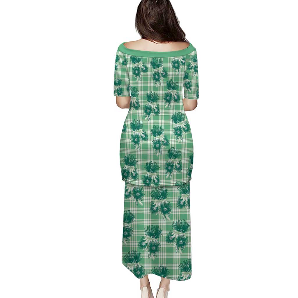 Green Palaka Hawaii Family Matching Puletasi and Hawaiian Shirt Hawaiian Lehua Blossoms