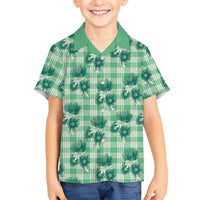 Green Palaka Hawaii Family Matching Puletasi and Hawaiian Shirt Hawaiian Lehua Blossoms