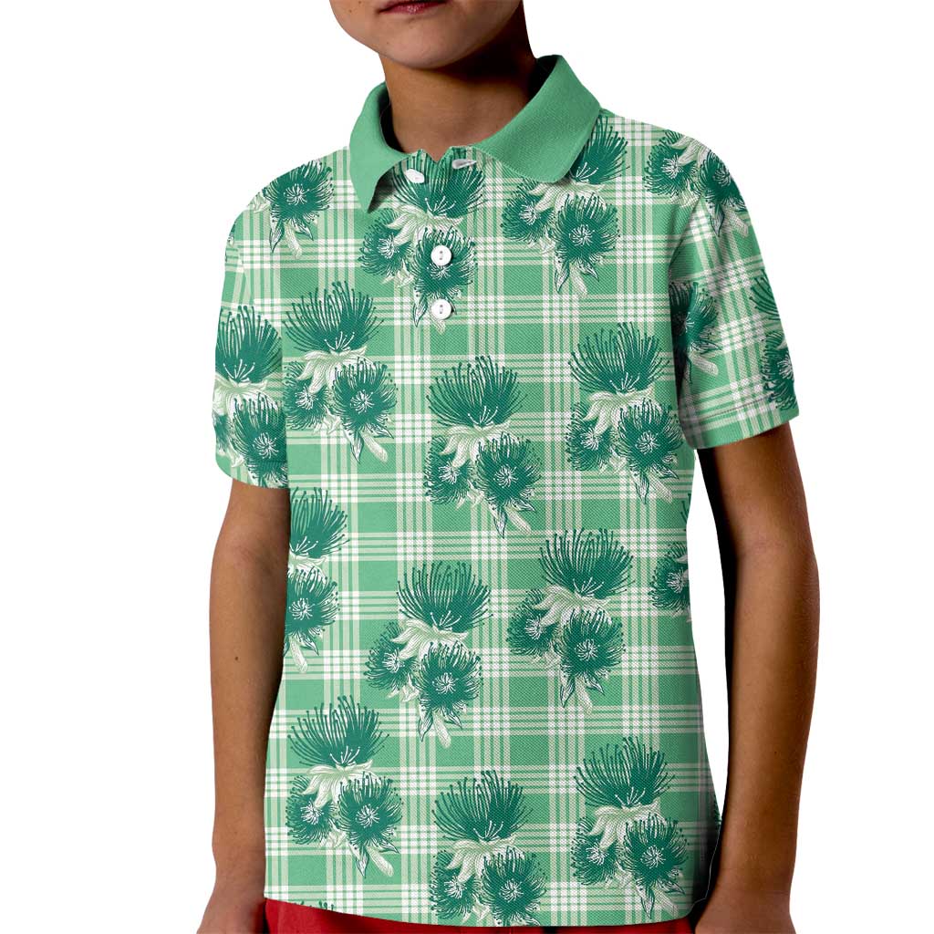 Green Palaka Hawaii Kid Polo Shirt Hawaiian Lehua Blossoms LT05 Kid Green - Polynesian Pride
