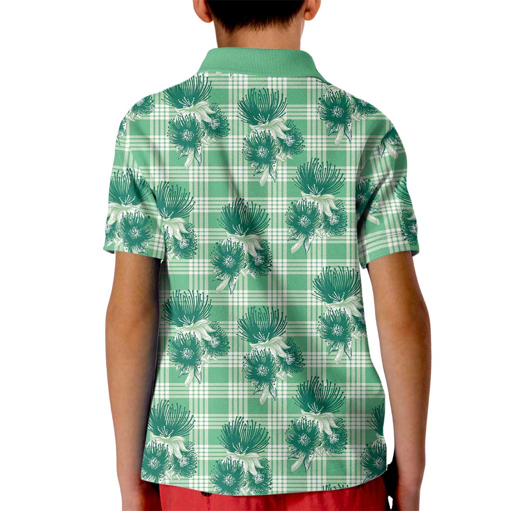 Green Palaka Hawaii Kid Polo Shirt Hawaiian Lehua Blossoms