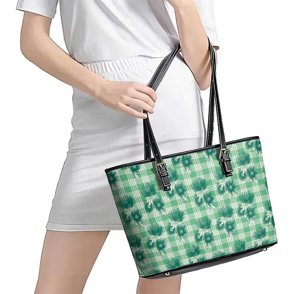 Green Palaka Hawaii Leather Tote Bag Hawaiian Lehua Blossoms LT05 - Polynesian Pride