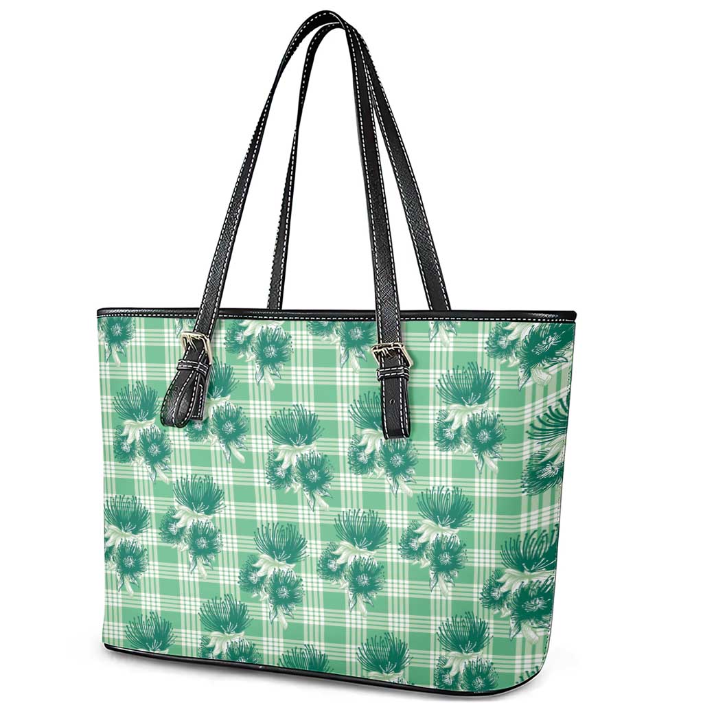 Green Palaka Hawaii Leather Tote Bag Hawaiian Lehua Blossoms LT05 - Polynesian Pride