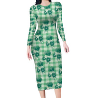 Green Palaka Hawaii Long Sleeve Bodycon Dress Hawaiian Lehua Blossoms LT05 Long Dress Green - Polynesian Pride