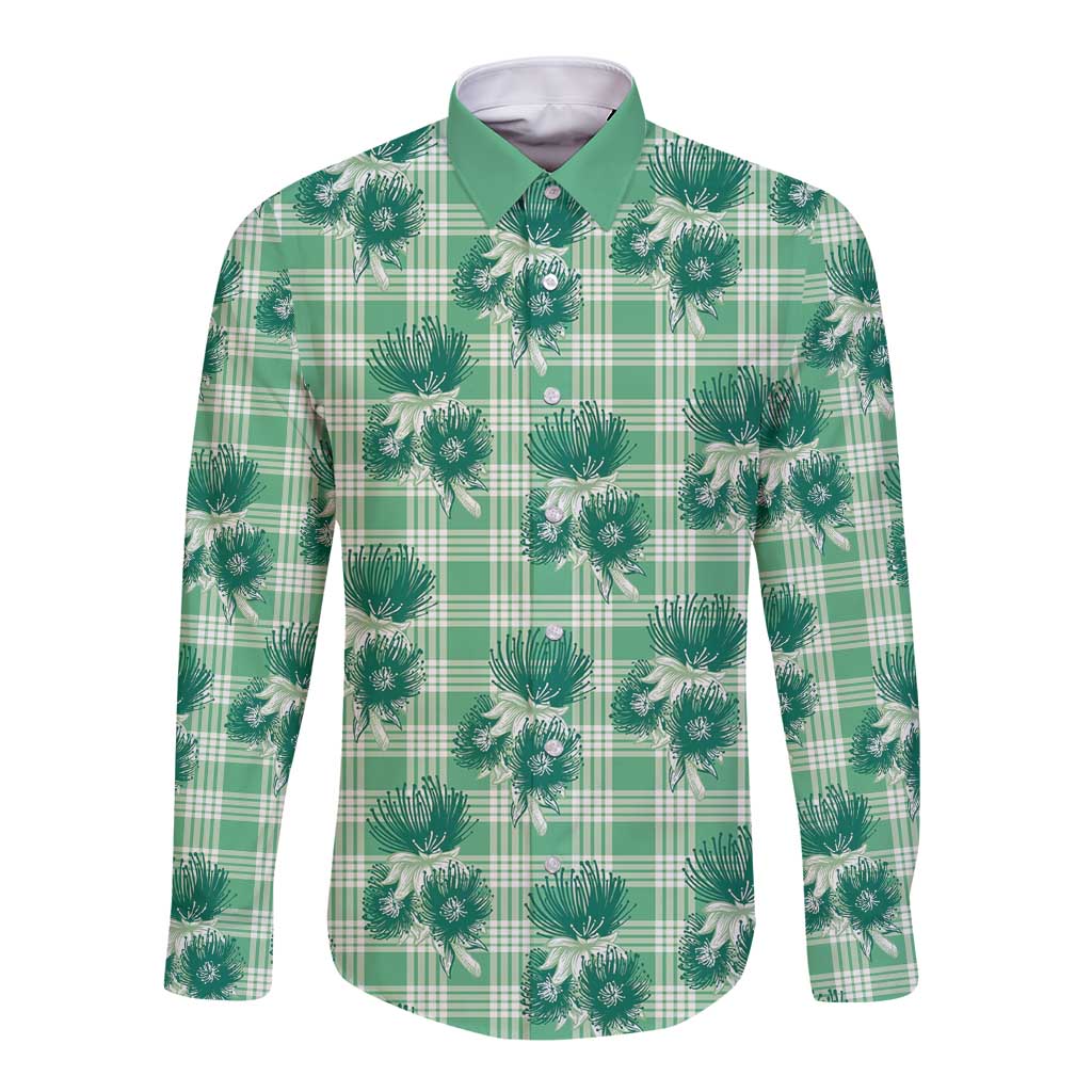 Green Palaka Hawaii Long Sleeve Button Shirt Hawaiian Lehua Blossoms