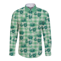 Green Palaka Hawaii Long Sleeve Button Shirt Hawaiian Lehua Blossoms
