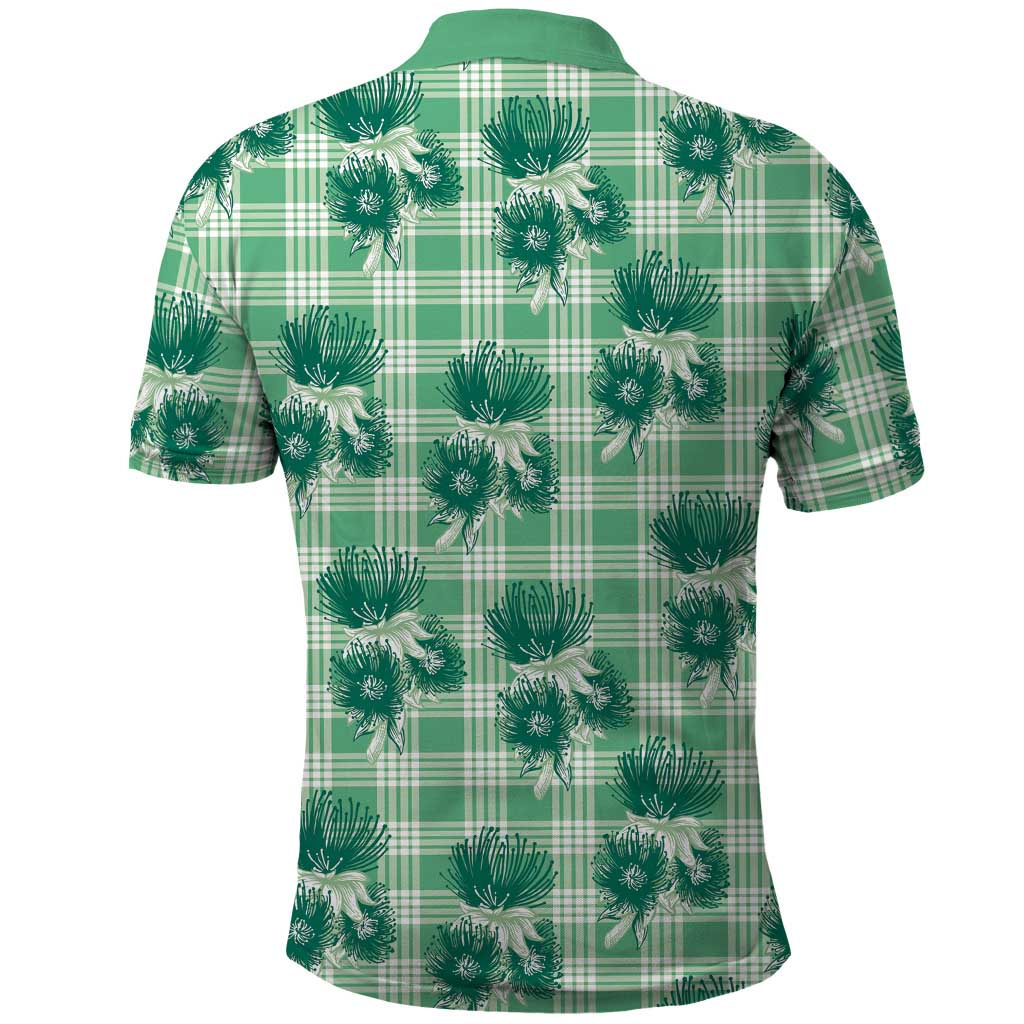 Green Palaka Hawaii Polo Shirt Hawaiian Lehua Blossoms