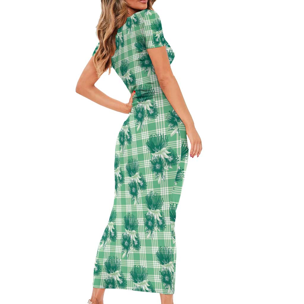 Green Palaka Hawaii Short Sleeve Bodycon Dress Hawaiian Lehua Blossoms LT05 - Polynesian Pride