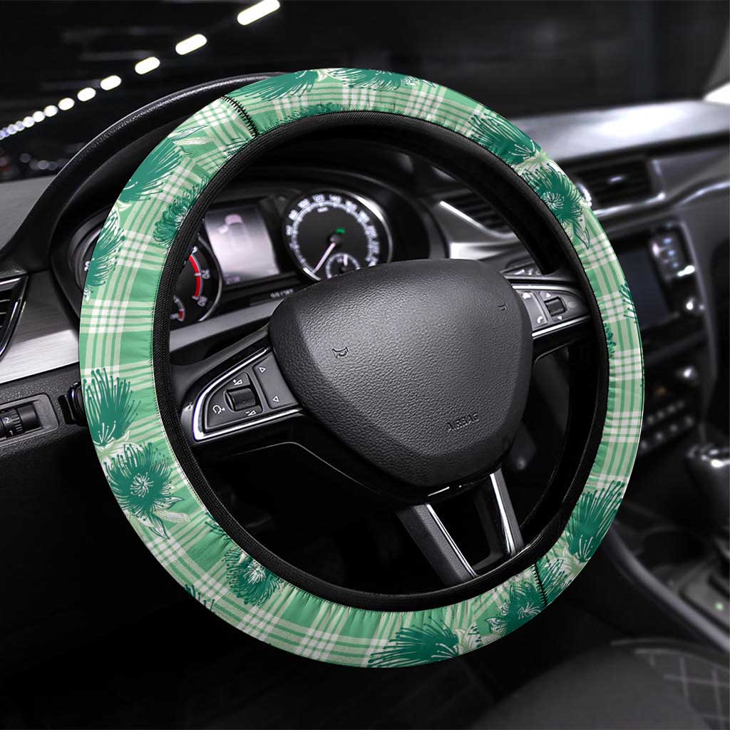 Green Palaka Hawaii Steering Wheel Cover Hawaiian Lehua Blossoms