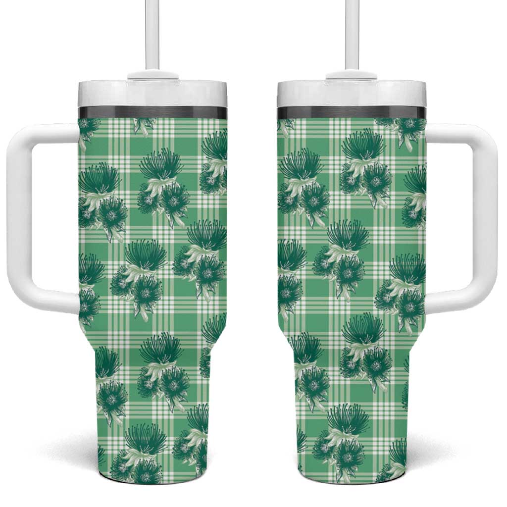 Green Palaka Hawaii Tumbler With Handle Hawaiian Lehua Blossoms