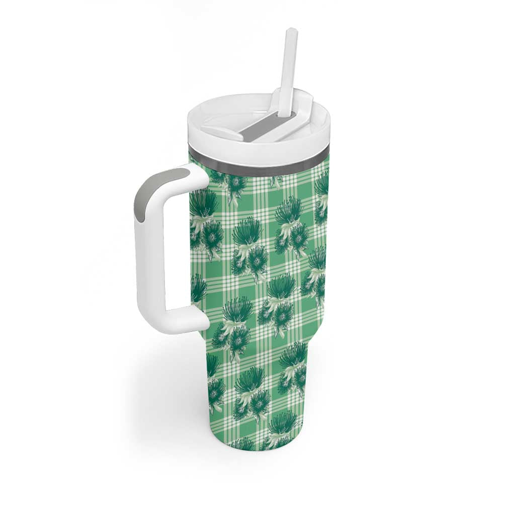 Green Palaka Hawaii Tumbler With Handle Hawaiian Lehua Blossoms