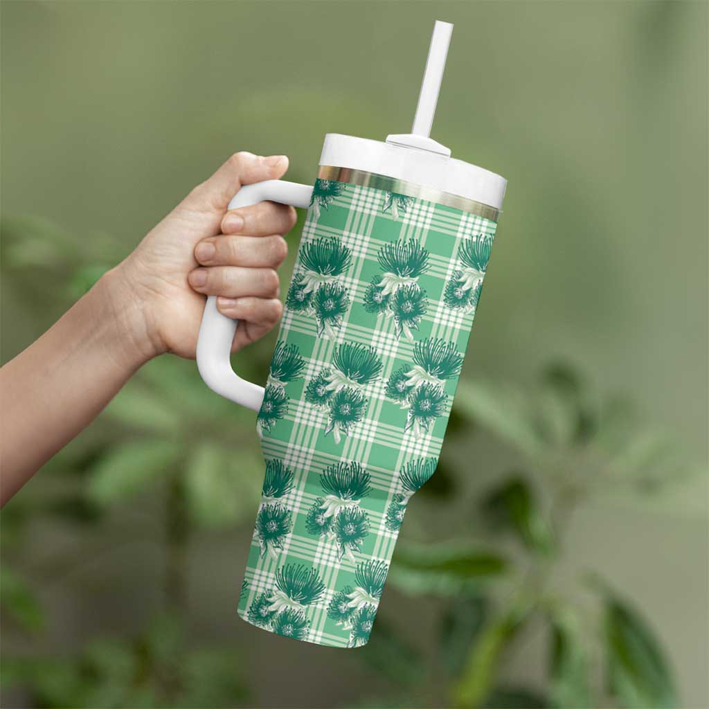 Green Palaka Hawaii Tumbler With Handle Hawaiian Lehua Blossoms
