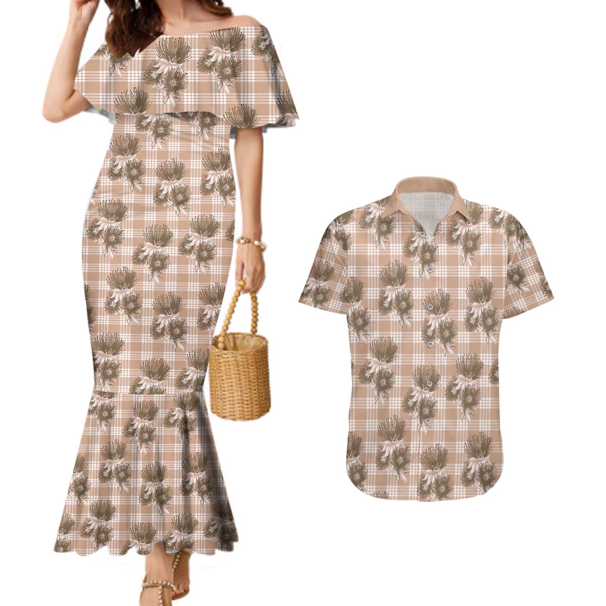Brown Palaka Hawaii Couples Matching Mermaid Dress and Hawaiian Shirt Hawaiian Lehua Blossoms