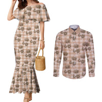 Brown Palaka Hawaii Couples Matching Mermaid Dress and Long Sleeve Button Shirt Hawaiian Lehua Blossoms