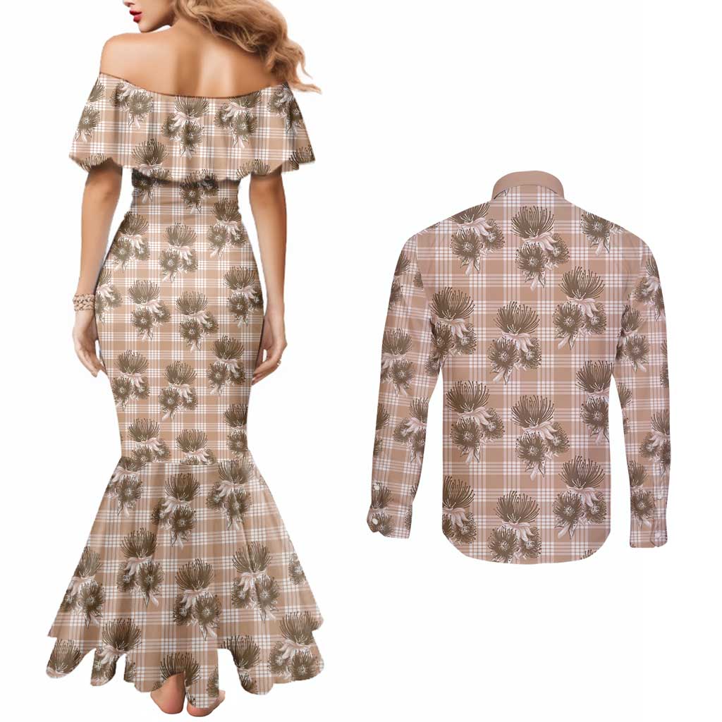 Brown Palaka Hawaii Couples Matching Mermaid Dress and Long Sleeve Button Shirt Hawaiian Lehua Blossoms
