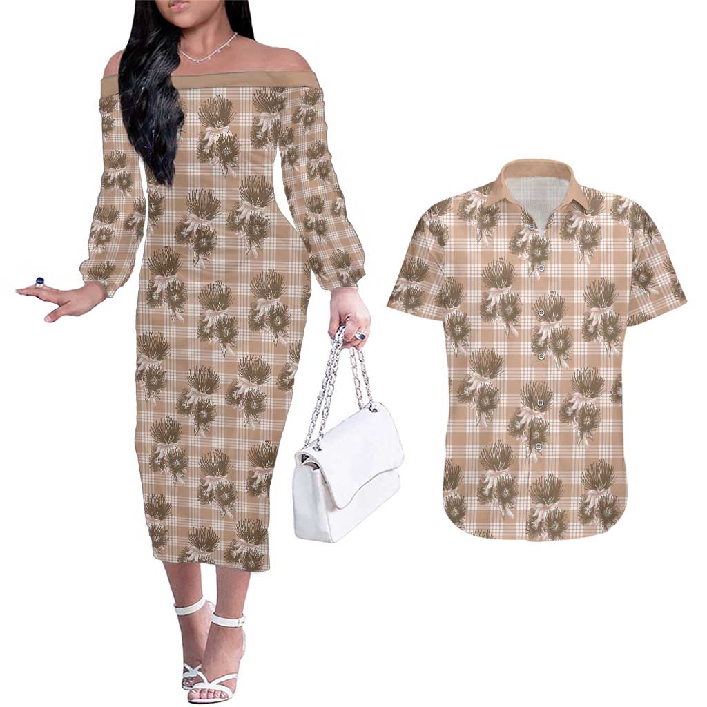 Brown Palaka Hawaii Couples Matching Off The Shoulder Long Sleeve Dress and Hawaiian Shirt Hawaiian Lehua Blossoms LT05 Brown - Polynesian Pride
