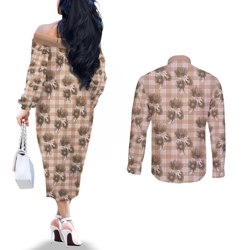 Brown Palaka Hawaii Couples Matching Off The Shoulder Long Sleeve Dress and Long Sleeve Button Shirt Hawaiian Lehua Blossoms LT05 - Polynesian Pride