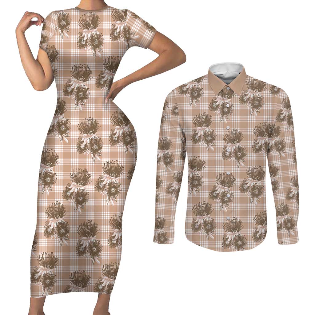 Brown Palaka Hawaii Couples Matching Short Sleeve Bodycon Dress and Long Sleeve Button Shirt Hawaiian Lehua Blossoms