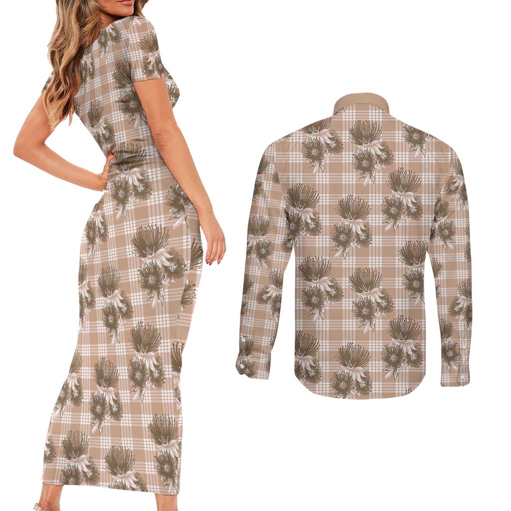 Brown Palaka Hawaii Couples Matching Short Sleeve Bodycon Dress and Long Sleeve Button Shirt Hawaiian Lehua Blossoms