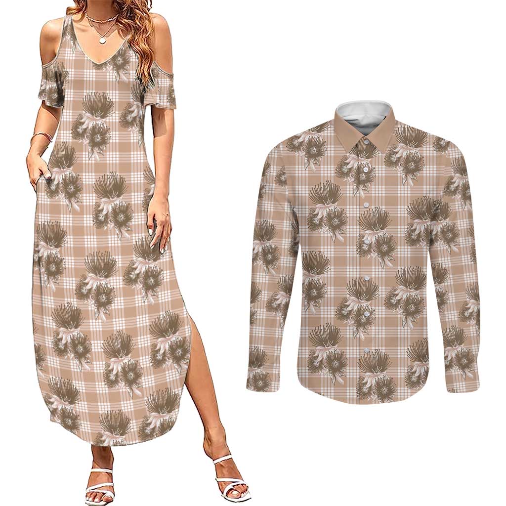 Brown Palaka Hawaii Couples Matching Summer Maxi Dress and Long Sleeve Button Shirt Hawaiian Lehua Blossoms