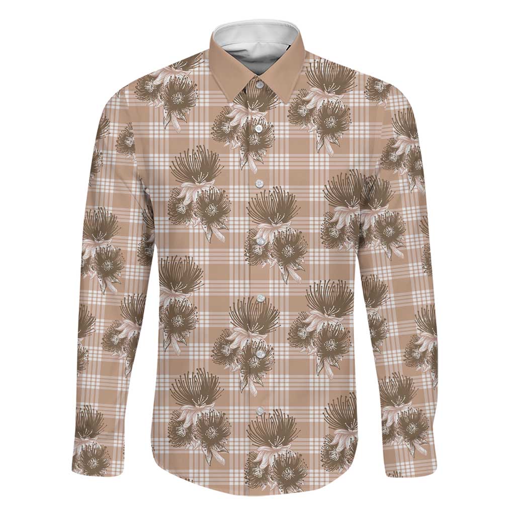Brown Palaka Hawaii Family Matching Mermaid Dress and Hawaiian Shirt Hawaiian Lehua Blossoms LT05 Dad's Shirt - Long Sleeve Brown - Polynesian Pride