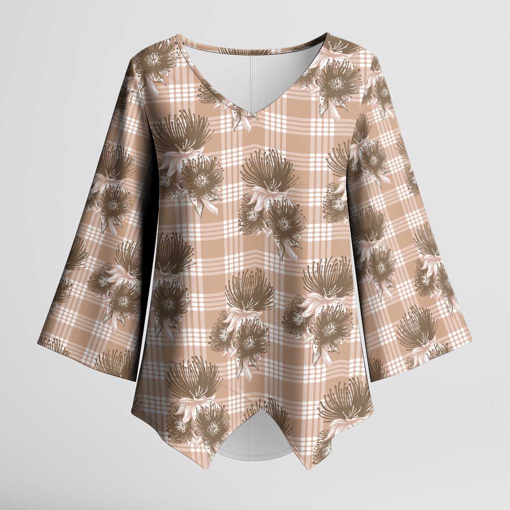 Brown Palaka Hawaii Kimono Sleeve Blouse Hawaiian Lehua Blossoms LT05 Female Brown - Polynesian Pride