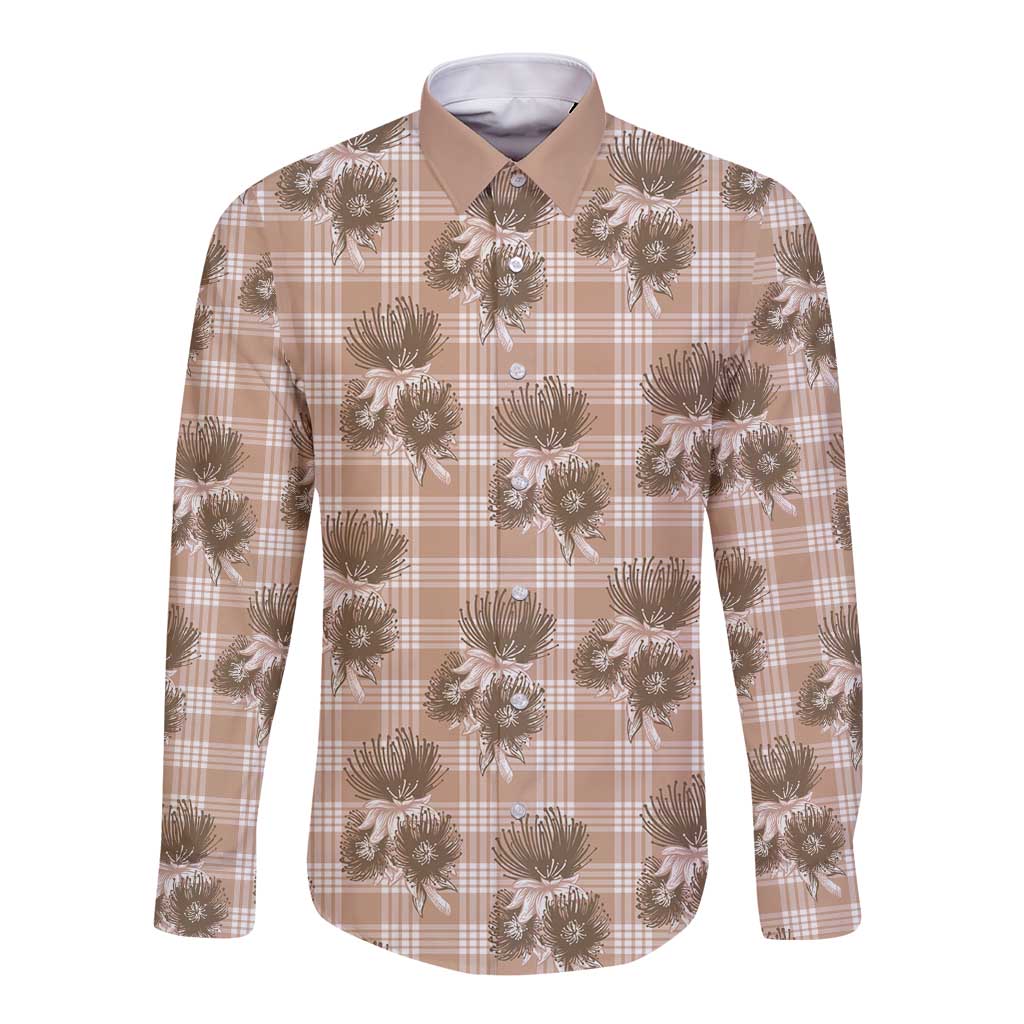 Brown Palaka Hawaii Long Sleeve Button Shirt Hawaiian Lehua Blossoms LT05 Unisex Brown - Polynesian Pride